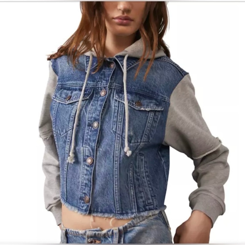 Free People throwback denim jacket with sweatshirt hood